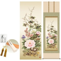 掛け軸 床の間 モダン 和風 尺五 名花繚乱 吉井蘭月 正絹緞子本表装 約54.5 190cm 新絹本 10年間保証   収納箱 防虫香 風鎮 付き 1/15以降順次発送