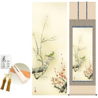掛け軸 床の間 モダン 和風 尺五 紅白梅に鶯 田村竹世 正絹緞子本表装 約54.5 190cm 新絹本 10年間保証   収納箱 防虫香 風鎮 付き 1/15以降順次発送