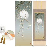 掛け軸 床の間 モダン 和風 尺五 夜桜 清水玄澄 洛彩緞子本表装 約54.5 190cm 新絹本 10年間保証   収納箱 防虫香 風鎮 付き 1/15以降順次発送