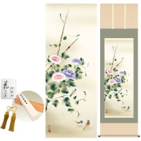 掛け軸 床の間 モダン 和風 尺五 朝顔 田村竹世 洛彩緞子本表装 約54.5 190cm 新絹本 10年間保証   収納箱 防虫香 風鎮 付き 1/15以降順次発送