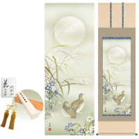 掛け軸 床の間 モダン 和風 尺五 秋草に鶉 近藤玄洋 洛彩緞子本表装 約54.5 190cm 新絹本 10年間保証   収納箱 防虫香 風鎮 付き 1/15以降順次発送
