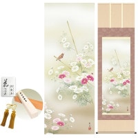 掛け軸 床の間 モダン 和風 尺五 秋桜 北山歩生 洛彩緞子本表装 約54.5 190cm 新絹本 10年間保証   収納箱 防虫香 風鎮 付き 1/15以降順次発送