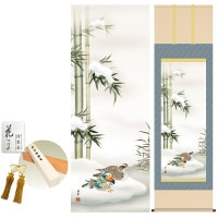 掛け軸 床の間 モダン 和風 尺五 鴛鴦 福田春草 洛彩緞子本表装 約54.5 190cm 新絹本 10年間保証   収納箱 防虫香 風鎮 付き 1/15以降順次発送