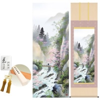 掛け軸 床の間 モダン 和風 尺五 春招情景 小林秀峰 洛彩緞子本表装 約54.5 190cm 新絹本 10年間保証   収納箱 防虫香 風鎮 付き 1/15以降順次発送