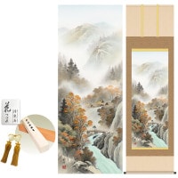 掛け軸 床の間 モダン 和風 尺五 秋紅情景 小林秀峰 洛彩緞子本表装 約54.5 190cm 新絹本 10年間保証   収納箱 防虫香 風鎮 付き 1/15以降順次発送