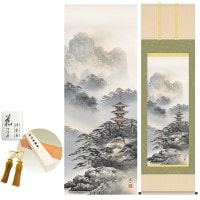 掛け軸 床の間 モダン 和風 尺五 紫山塔景 伊藤渓山 洛彩緞子本表装 約54.5 190cm 新絹本 10年間保証   収納箱 防虫香 風鎮 付き 1/15以降順次発送
