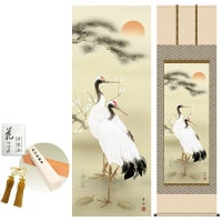 掛け軸 床の間 モダン 和風 尺五 松竹梅鶴亀 小野洋舟 正絹緞子本表装 約54.5 190cm 新絹本 10年間保証   収納箱 防虫香 風鎮 付き 1/15以降順次発送
