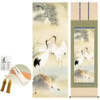 掛け軸 床の間 モダン 和風 尺五 松竹梅鶴亀 鈴村秀山 洛彩緞子本表装 約54.5 190cm 新絹本 10年間保証   収納箱 防虫香 風鎮 付き 1/15以降順次発送