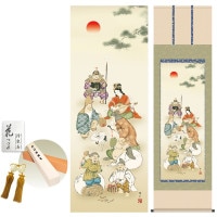 掛け軸 床の間 モダン 和風 尺五 七福神 鵜飼雄平 正絹緞子本表装 約54.5 190cm 新絹本 10年間保証   収納箱 防虫香 風鎮 付き 1/15以降順次発送