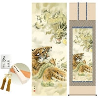 掛け軸 床の間 モダン 和風 尺五 龍虎 長江桂舟 正絹緞子本表装 約54.5 190cm 新絹本 10年間保証   収納箱 防虫香 風鎮 付き 1/15以降順次発送