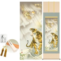 掛け軸 床の間 モダン 和風 尺五 龍虎 濱田嵐雪 洛彩緞子本表装 約54.5 190cm 新絹本 10年間保証   収納箱 防虫香 風鎮 付き 1/15以降順次発送