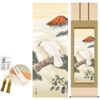 掛け軸 床の間 モダン 和風 尺五 一富士二鷹三茄子 長江桂舟 洛彩緞子本表装 約54.5 190cm 新絹本 10年間保証   収納箱 防虫香 風鎮 付き 1/15以降順次発送