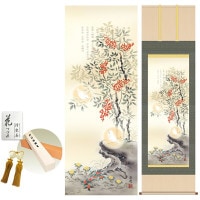 掛け軸 床の間 モダン 和風 尺五 消災南天白雀図 久我直哉 洛彩緞子本表装 約54.5 190cm 新絹本 10年間保証   収納箱 防虫香 風鎮 付き 1/15以降順次発送