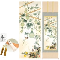 掛け軸 床の間 モダン 和風 尺五 開運六瓢息災図 伊藤翔風 洛彩緞子本表装 約54.5 190cm 新絹本 10年間保証   収納箱 防虫香 風鎮 付き 1/15以降順次発送