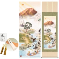 掛け軸 床の間 モダン 和風 尺五 開運万全図 山本祥園 洛彩緞子本表装 約54.5 190cm 新絹本 10年間保証   収納箱 防虫香 風鎮 付き 1/15以降順次発送