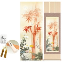 掛け軸 床の間 モダン 和風 尺五 吉祥四君子繚乱図 根本葉舟 洛彩緞子本表装 約54.5 190cm 新絹本 10年間保証   収納箱 防虫香 風鎮 付き 1/15以降順次発送