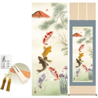 掛け軸 床の間 モダン 和風 尺五 紅峰五鯉躍勝運図 瀬田功舟 洛彩緞子本表装 約54.5 190cm 新絹本 10年間保証   収納箱 防虫香 風鎮 付き 1/15以降順次発送