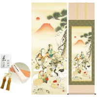 掛け軸 床の間 モダン 和風 尺五 七福神吉祥之図 長江桂舟 洛彩緞子本表装 約54.5 190cm 新絹本 10年間保証   収納箱 防虫香 風鎮 付き 1/15以降順次発送
