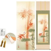 掛け軸 床の間 モダン 和風 尺五 吉祥白雀図 浮田秋水 洛彩緞子本表装 約54.5 190cm 新絹本 10年間保証   収納箱 防虫香 風鎮 付き 1/15以降順次発送