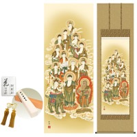 掛け軸 床の間 モダン 和風 尺五 十三佛 清水雲峰 洛彩緞子佛表装 約54.5 190cm 新絹本 10年間保証   収納箱 防虫香 風鎮 付き 1/15以降順次発送