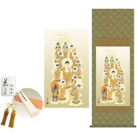 掛け軸 床の間 モダン 和風 尺五 十三佛 鈴木翠朋 洛彩緞子佛表装 約54.5 約150cm 新絹本 10年間保証   収納箱 防虫香 風鎮 付き 1/15以降順次発送