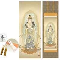 掛け軸 床の間 モダン 和風 尺五 聖観音 中山雪邨 洛彩緞子佛表装 約54.5 190cm 新絹本 10年間保証   収納箱 防虫香 風鎮 付き 1/15以降順次発送