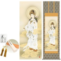 掛け軸 床の間 モダン 和風 尺五 白衣観音 浮田秋水 金襴佛表装 約54.5 190cm 新絹本 10年間保証   収納箱 防虫香 風鎮 付き 1/15以降順次発送