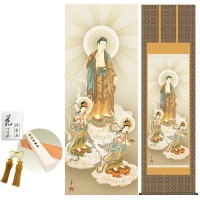 掛け軸 床の間 モダン 和風 尺五 阿弥陀三尊佛 大森宗華 金襴佛表装 約54.5 190cm 新絹本 10年間保証   収納箱 防虫香 風鎮 付き 1/15以降順次発送