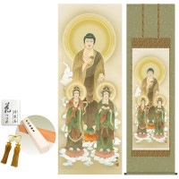 掛け軸 床の間 モダン 和風 尺五 阿弥陀三尊佛 高見蘭石 洛彩緞子佛表装 約54.5 190cm 新絹本 10年間保証   収納箱 防虫香 風鎮 付き 1/15以降順次発送