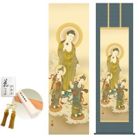 掛け軸 床の間 モダン 和風 尺五 阿弥陀三尊佛 浮田秋水 洛彩緞子丸表装 約54.5 190cm 新絹本 10年間保証   収納箱 防虫香 風鎮 付き 1/15以降順次発送