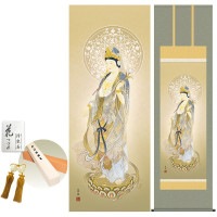 掛け軸 床の間 モダン 和風 尺五 聖観音 鈴木翠朋 洛彩緞子佛表装 約54.5 190cm 新絹本 10年間保証   収納箱 防虫香 風鎮 付き 1/15以降順次発送