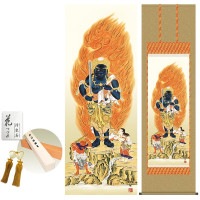 掛け軸 床の間 モダン 和風 尺五 不動明王 田村竹世 洛彩緞子佛表装 約54.5 190cm 新絹本 10年間保証   収納箱 防虫香 風鎮 付き 1/15以降順次発送