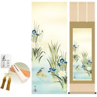 掛け軸 床の間 モダン 和風 菖蒲にかわせみ 高見蘭石 洛彩緞子本表装 約44.5 164cm 新絹本 10年間保証   収納箱 防虫香 風鎮 付き 1/15以降順次発送