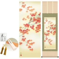 掛け軸 床の間 モダン 和風 紅葉に小鳥 田村竹世 洛彩緞子本表装 約44.5 164cm 新絹本 10年間保証   収納箱 防虫香 風鎮 付き 1/15以降順次発送
