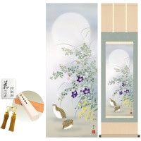 掛け軸 床の間 モダン 和風 秋草に鶉 茂木蒼雲 洛彩緞子本表装 約44.5 164cm 新絹本 10年間保証   収納箱 防虫香 風鎮 付き 1/15以降順次発送