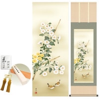 掛け軸 床の間 モダン 和風 菊花 吉井蘭月 洛彩緞子本表装 約44.5 164cm 新絹本 10年間保証   収納箱 防虫香 風鎮 付き 1/15以降順次発送