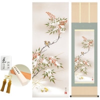 掛け軸 床の間 モダン 和風 南天に雀 長江桂舟 洛彩緞子本表装 約44.5 164cm 新絹本 10年間保証   収納箱 防虫香 風鎮 付き 1/15以降順次発送