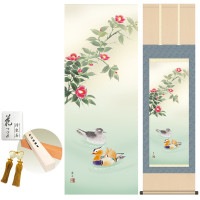 掛け軸 床の間 モダン 和風 鴛鴦 高見蘭石 洛彩緞子本表装 約44.5 164cm 新絹本 10年間保証   収納箱 防虫香 風鎮 付き 1/15以降順次発送