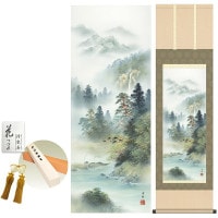 掛け軸 床の間 モダン 和風 深緑涼風 中山雪邨 洛彩緞子本表装 約44.5 164cm 新絹本 10年間保証   収納箱 防虫香 風鎮 付き 1/15以降順次発送