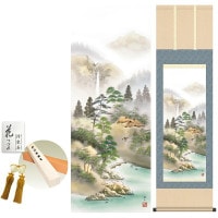 掛け軸 床の間 モダン 和風 悠景彩遷 伊藤渓山 洛彩緞子本表装 約44.5 164cm 新絹本 10年間保証   収納箱 防虫香 風鎮 付き 1/15以降順次発送
