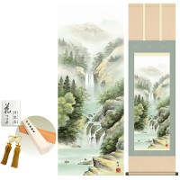 掛け軸 床の間 モダン 和風 秀麗冽瀑 田口紅洋 洛彩緞子本表装 約44.5 164cm 新絹本 10年間保証   収納箱 防虫香 風鎮 付き 1/15以降順次発送