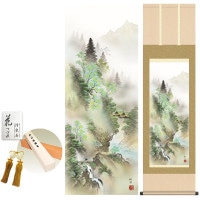 掛け軸 床の間 モダン 和風 山河水明 田口紅洋 洛彩緞子本表装 約44.5 164cm 新絹本 10年間保証   収納箱 防虫香 風鎮 付き 1/15以降順次発送