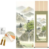 掛け軸 床の間 モダン 和風 緑風水明 鈴村秀山 洛彩緞子本表装 約44.5 164cm 新絹本 10年間保証   収納箱 防虫香 風鎮 付き 1/15以降順次発送