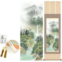 掛け軸 床の間 モダン 和風 秀麗名瀧 伊藤渓山 洛彩緞子本表装 約44.5 164cm 新絹本 10年間保証   収納箱 防虫香 風鎮 付き 1/15以降順次発送
