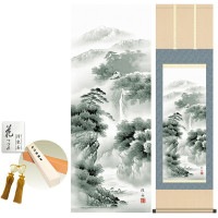 掛け軸 床の間 モダン 和風 蒼山憧憬 長江桂舟 洛彩緞子本表装 約44.5 164cm 新絹本 10年間保証   収納箱 防虫香 風鎮 付き 1/15以降順次発送