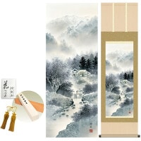 掛け軸 床の間 モダン 和風 雄峰水明 中山雪邨 洛彩緞子本表装 約44.5 164cm 新絹本 10年間保証   収納箱 防虫香 風鎮 付き 1/15以降順次発送