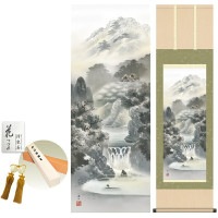 掛け軸 床の間 モダン 和風 幽山蒼流 伊藤渓山 洛彩緞子本表装 約44.5 164cm 新絹本 10年間保証   収納箱 防虫香 風鎮 付き 1/15以降順次発送