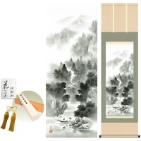 掛け軸 床の間 モダン 和風 悠景山水 伊藤渓山 洛彩緞子本表装 約44.5 164cm 新絹本 10年間保証   収納箱 防虫香 風鎮 付き 1/15以降順次発送