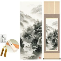 掛け軸 床の間 モダン 和風 山河憧憬 中山雪邨 洛彩緞子本表装 約44.5 164cm 新絹本 10年間保証   収納箱 防虫香 風鎮 付き 1/15以降順次発送