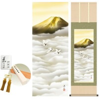 掛け軸 床の間 モダン 和風 金富士飛翔 宇田川彩悠 洛彩緞子本表装 約44.5 164cm 新絹本 10年間保証   収納箱 防虫香 風鎮 付き 1/15以降順次発送